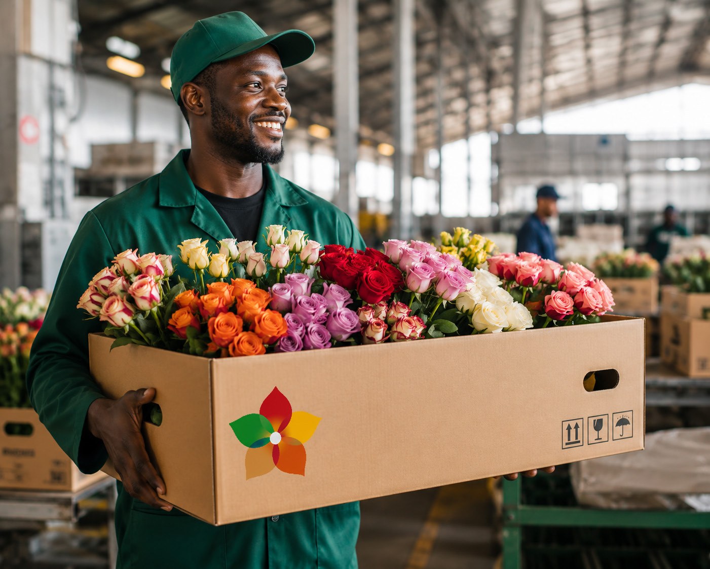 Flower team member handling fresh flowers in an export warehouse
