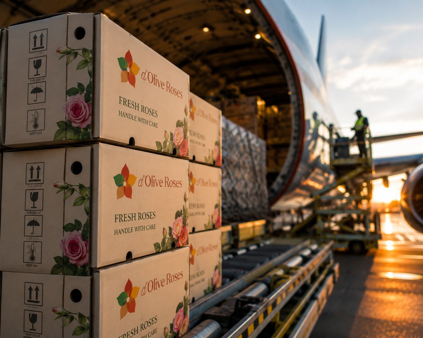 Flower export cartons prepared for an international shipment